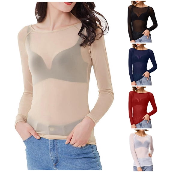RMGVDSD Womens Mesh Tops Sheer Long Sleeve Shirts Boat Neck See-Through Slim Fit Basic Undershirt Tees Solid Color Party Blouses