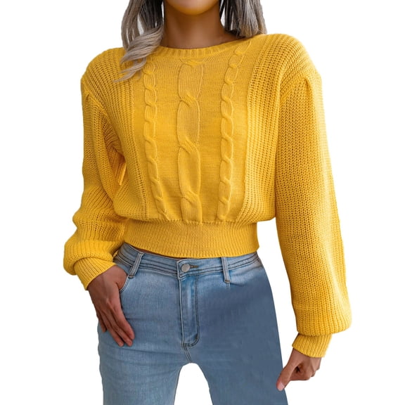 RMGVDSD Womens O Neck Long Sleeve Cable Knit Pullover Sweater Casual Ribbed Cropped Sweaters Jumper Tops Solid Color Knit Pullover Sweater Tops /Yellow
