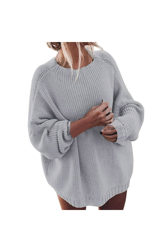 Womens Oversized Sweaters Loose Solid Color Casual Long Sleeve Pullover Knitted Jumper Tops Knit Fashion Sweater Coats /Grey