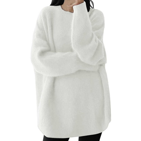 RMGVDSD Womens Oversized Sweaters Solid Color Pullover Round Neck Sweater Loose Long Sleeve Gentle Casual Knitted Top Fashion Basic Sweater Tops /White