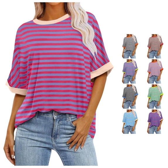 RMGVDSD Womens Oversized T Shirts Summer Tops Short Sleeve Striped T-Shirt Loose Fit Crew Neck Tee Shirts Basic Casual Tops