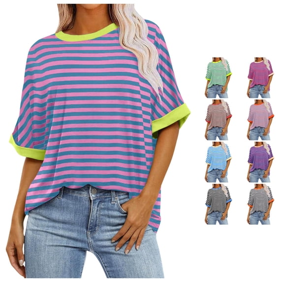 RMGVDSD Womens Oversized T Shirts Summer Tops Short Sleeve Striped T-Shirt Loose Fit Crew Neck Tee Shirts Basic Casual Tops