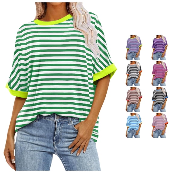 RMGVDSD Womens Oversized T Shirts Summer Tops Short Sleeve Striped T-Shirt Loose Fit Crew Neck Tee Shirts Basic Casual Tops