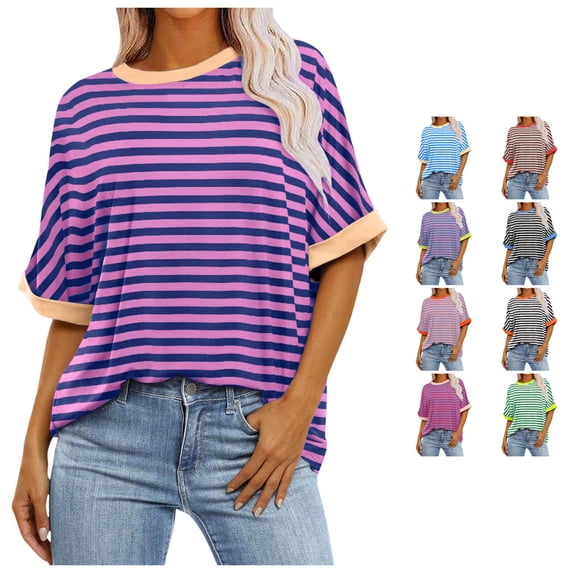 RMGVDSD Womens Oversized T Shirts Summer Tops Short Sleeve Striped T-Shirt Loose Fit Crew Neck Tee Shirts Basic Casual Tops