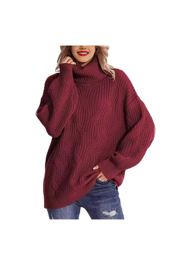 Womens Oversized Turtleneck Sweater Cozy Loose Cable Knit Long Sleeve Pullover Sweater Tops With Pattern Solid Color Casual Classic Soft Sweater /Red