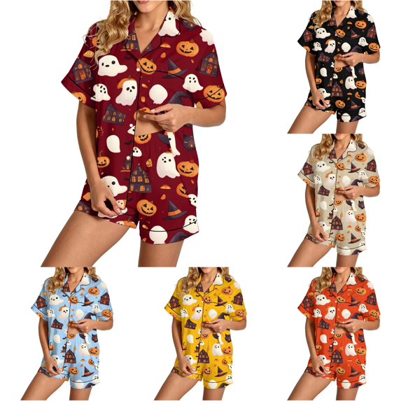 RMGVDSD Womens Pajama Sets Halloween Cute Print Pajamas Shorts Set Button Down Loungewear Soft Comfort Nightwear Sleepwear 2 Piece Outfits
