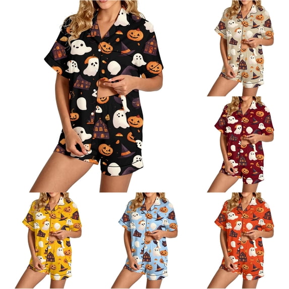 RMGVDSD Womens Pajama Sets Halloween Cute Print Pajamas Shorts Set Button Down Loungewear Soft Comfort Nightwear Sleepwear 2 Piece Outfits