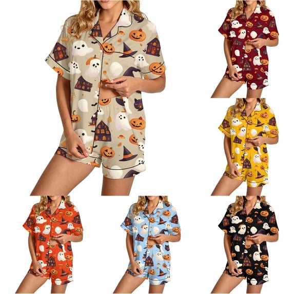 RMGVDSD Womens Pajama Sets Halloween Cute Print Pajamas Shorts Set Button Down Loungewear Soft Comfort Nightwear Sleepwear 2 Piece Outfits