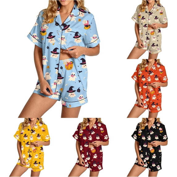 RMGVDSD Womens Pajama Sets Halloween Print Pajamas Shorts Set, 2 Piece Short Sleeve Button Down Loungewear Relaxed Fit Sleepwear Nightwear