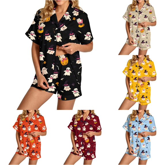 RMGVDSD Womens Pajama Sets Halloween Print Pajamas Shorts Set, 2 Piece Short Sleeve Button Down Loungewear Relaxed Fit Sleepwear Nightwear