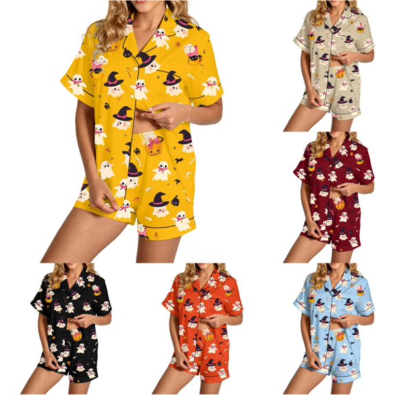 RMGVDSD Womens Pajama Sets Halloween Print Pajamas Shorts Set, 2 Piece Short Sleeve Button Down Loungewear Relaxed Fit Sleepwear Nightwear