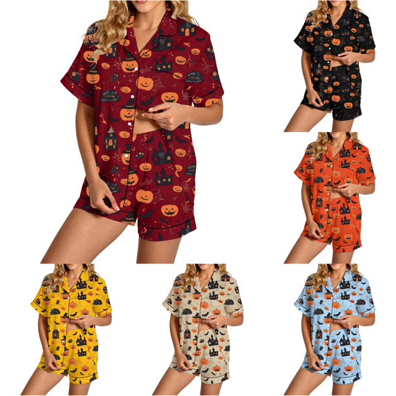 RMGVDSD Womens Pajama Sets Halloween Print Short Sleeve Button Down Sleepwear Shorts Set Two Piece Soft Comfy Nightwear Holiday Party Pajamas