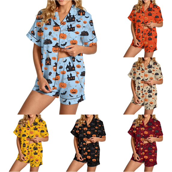 RMGVDSD Womens Pajama Sets Halloween Print Short Sleeve Button Down Sleepwear Shorts Set Two Piece Soft Comfy Nightwear Holiday Party Pajamas