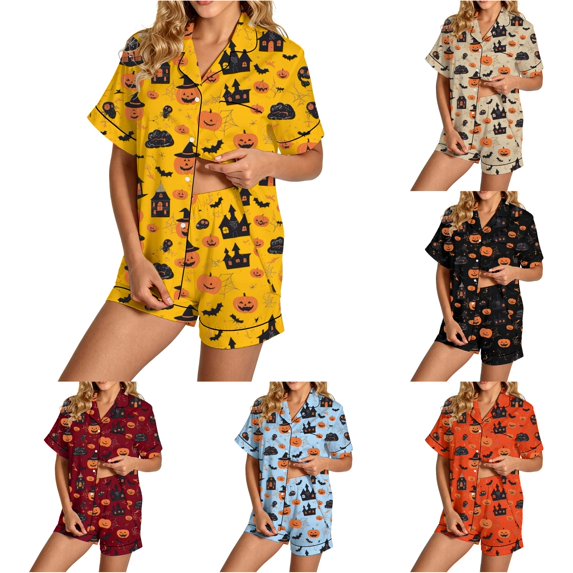 RMGVDSD Womens Pajama Sets Halloween Print Short Sleeve Button Down Sleepwear Shorts Set Two Piece Soft Comfy Nightwear Holiday Party Pajamas