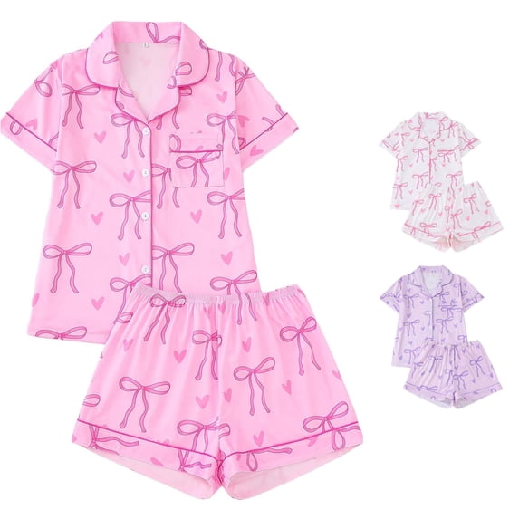 RMGVDSD Womens Pajama Sets Women's Bow Print Pajamas 2 Piece Short Sleeve Button Down Top and Shorts Sleepwear Set Fashion Loungewear