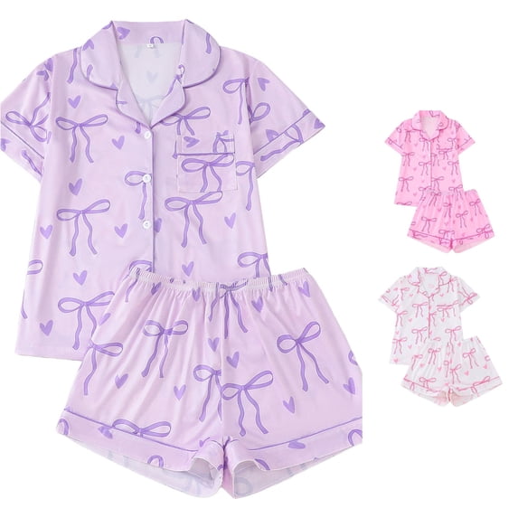 RMGVDSD Womens Pajama Sets Women's Bow Print Pajamas 2 Piece Short Sleeve Button Down Top and Shorts Sleepwear Set Fashion Loungewear
