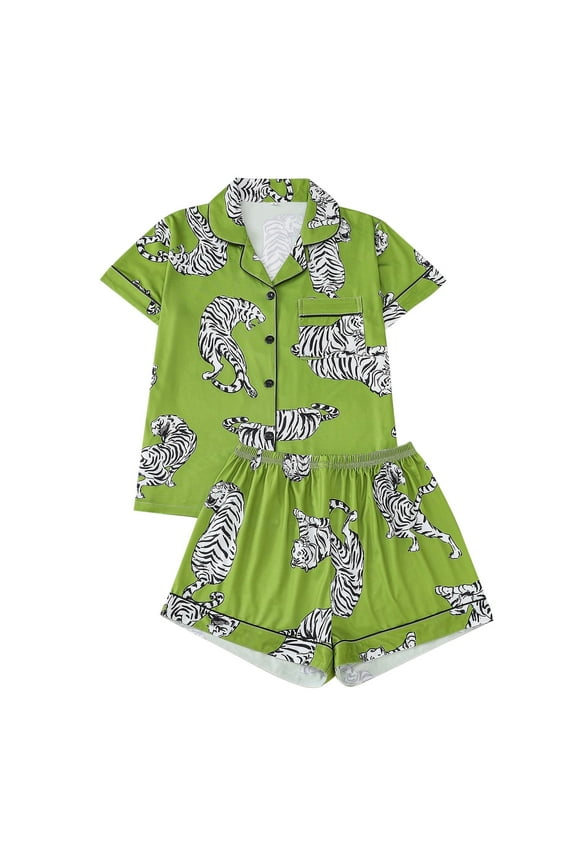 Womens Pajamas Loungewear Pajamas For Women Set Summer 2 Piece Sleepwear Tiger Print Short Sleeve Shorts Set Loungewear Matching Pjs Comfy Jammies Sleepwear