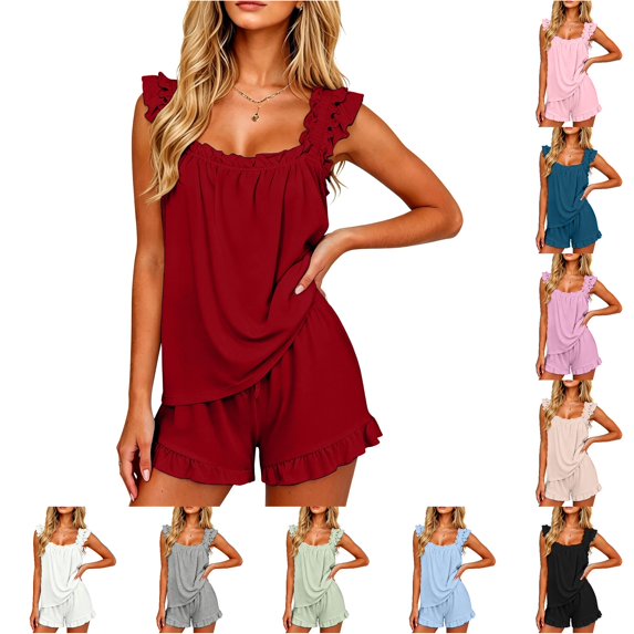 RMGVDSD Womens Pajamas Set 2 Piece Ruffle Pajama Soft Tank Top and Shorts Sleepwear Set 2 Piece Summer Solid Color Sleeveless Loungewear