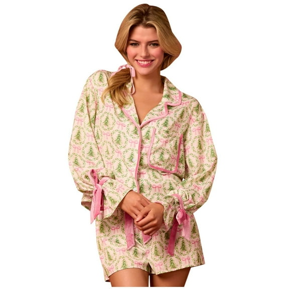 RMGVDSD Womens Pajamas Set 2 Piece Women's Christmas Pajamas Fashion Long Sleeve Top And Shorts Pajama Set Cozy Loungewear Sleepwear Set Loungewear Matching Pjs