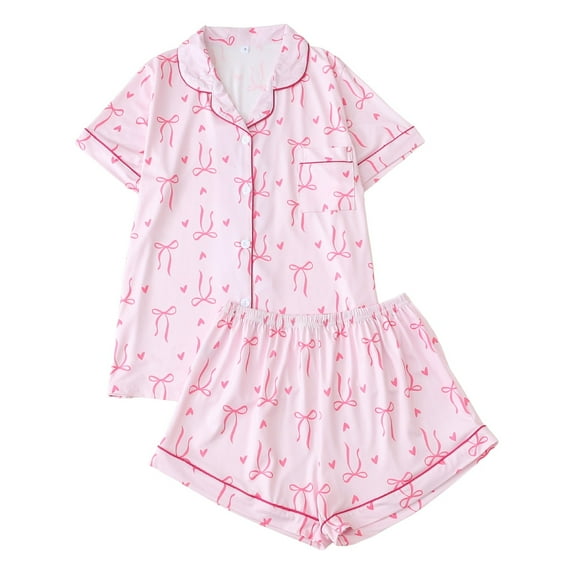RMGVDSD Womens Pajamas Set Cute Bow Pajamas Sets For Women 2 Piece Casual Short Sleeve Button Down Top And Shorts Comfortable Sleepwear Loungewear Outfit L