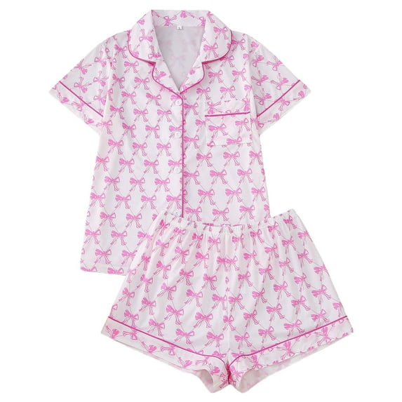 RMGVDSD Womens Pajamas Set Women's Bow Print Sleepwear Set Button Down Short Sleeve Shirt And Shorts Comfortable Nightwear 2 Pcs Comfy Loungewear Set L