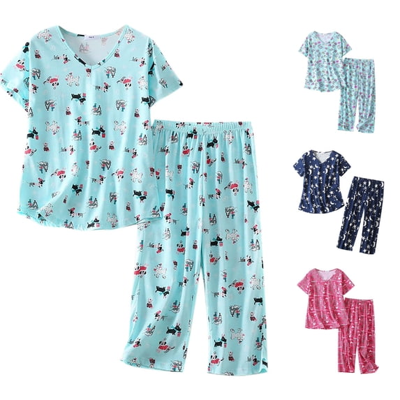 RMGVDSD Womens Pajamas Sets Short Sleeve Tops and Capri Pants Cute Cartoon Print Pajama Set 2 Piece Sleepwear Soft Comfy Loungewear
