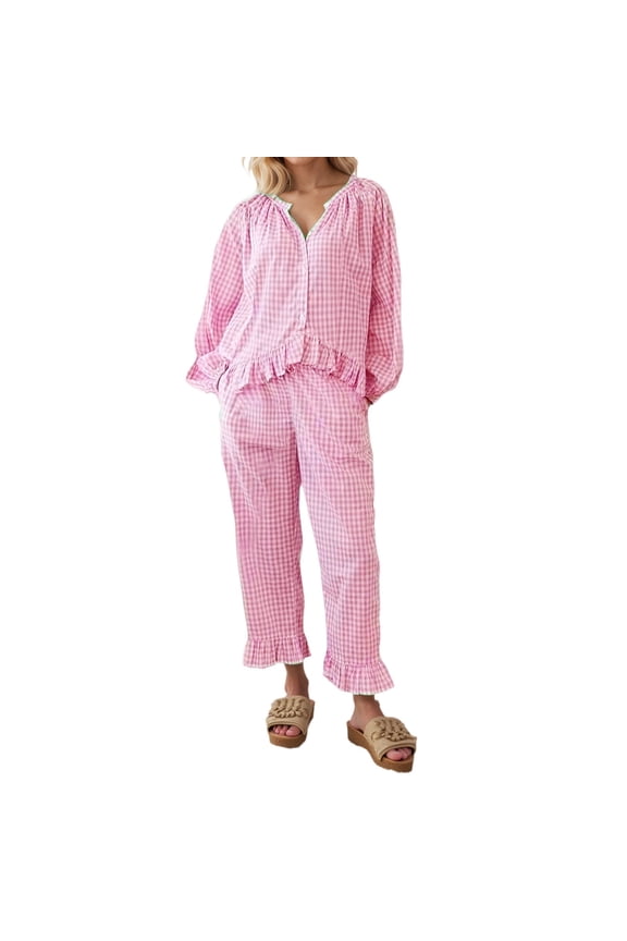 Womens Plaid 2 Piece Pajamas Sets Gingham Button Down Puff Sleeve Shirt Long Sleeves Top And Pants With Ruffle Fashion Sleepwear Holiday Pajamas Women