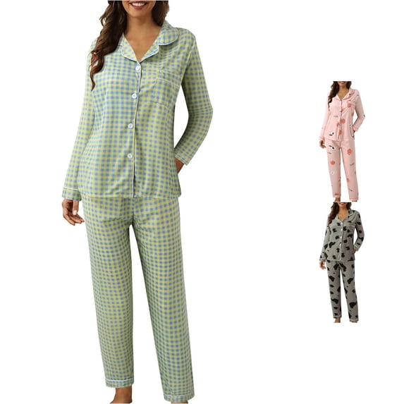 RMGVDSD Womens Plaid Pajama Sets Casual Lapel Button Down Sleepwear Long Sleeve Pajamas Two Piece Loungewar Fall Winter Clothes