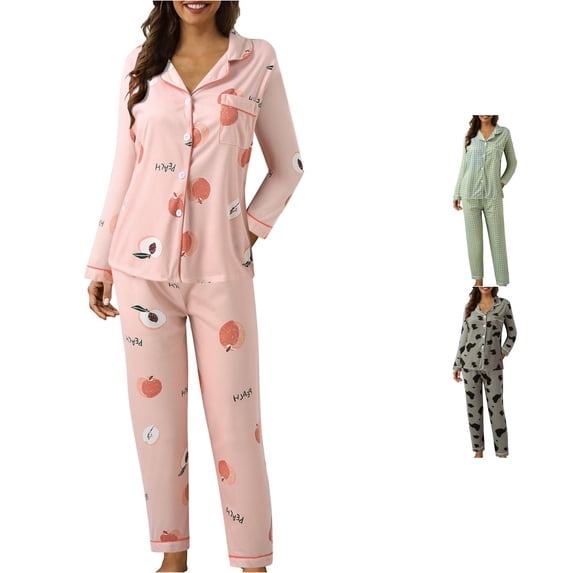 RMGVDSD Womens Plaid Pajama Sets Casual Lapel Button Down Sleepwear Long Sleeve Pajamas Two Piece Loungewar Fall Winter Clothes