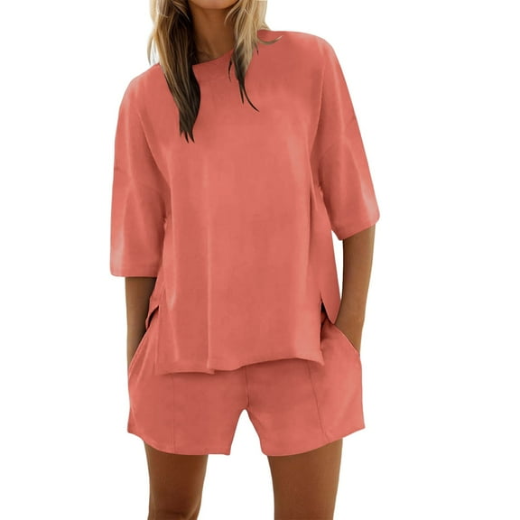 RMGVDSD Womens Shorts Sets 2 Piece Outfits Summer 2025 Half Sleeve Crew Neck Sets Matching Clothing Casual Beach Vacation Outfit