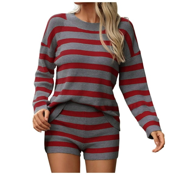 RMGVDSD Womens Striped Short Set 2 Piece Oversized Outfits Long Sleeve Sweater Top And Shorts Matching Sets Two Piece Short Sets Women