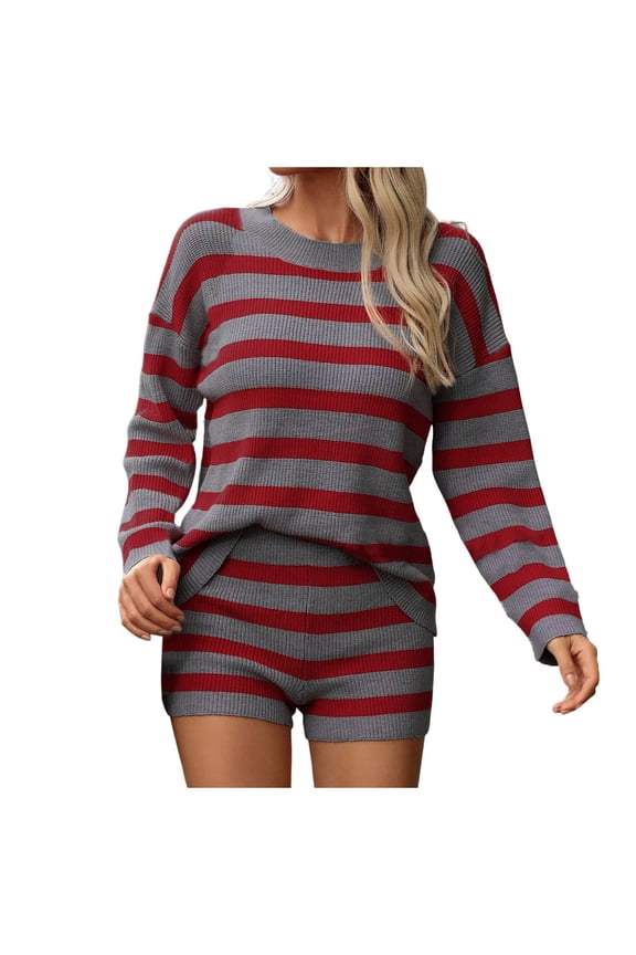 Womens Striped Short Set 2 Piece Oversized Outfits Long Sleeve Sweater Top And Shorts Matching Sets Womens Short Summer Outfits