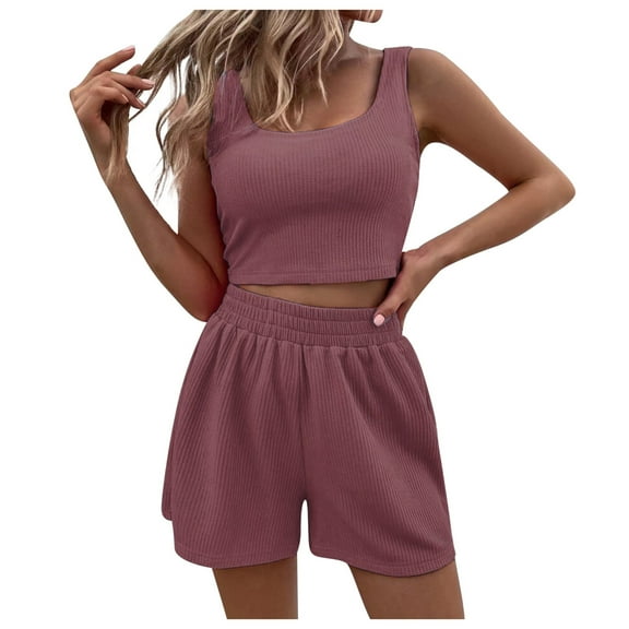 RMGVDSD Womens Summer Shorts Sets 2 Piece Sleeveless Crop Top And High Waisted Shorts Set Casual Sports Suit Relaxed Fit Loungewear Sets