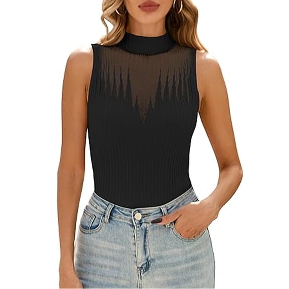 RMGVDSD Womens Summer Sleeveless Ribbed Tank Tops Sweater Vest 2025 Neck Basic Sheer Knit Top Fitted Shirts Solid Color Trendy Casual Fall Sweater /Black