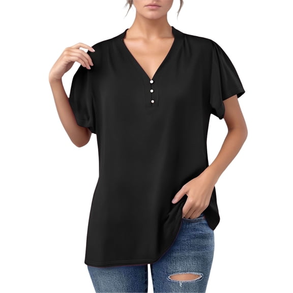 RMGVDSD Womens Summer T Shirts Womens Tops V Neck Soft T-Shirts Tunic Blouses Short Sleeve V Neck Button Up Solid Color Casual T Shirt Leisure Tshirts