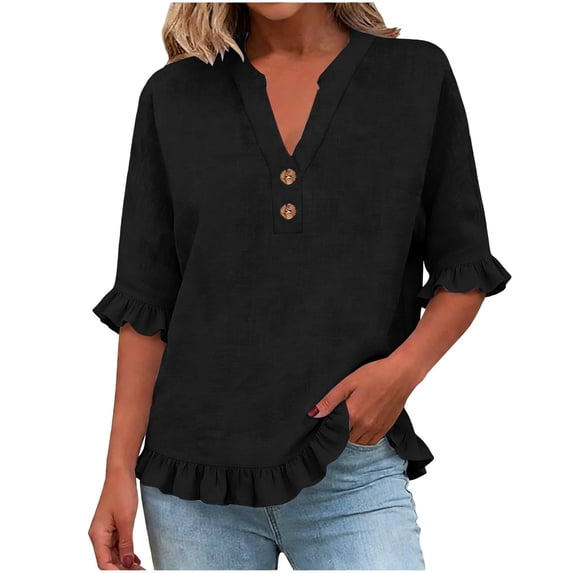 RMGVDSD Womens Summer Tops 3/4 Sleeve V Neck Button Down Shirts Ruffled Hem Solid Color Casual Basic Shirt Everyday Comfort Tees Business Shirts