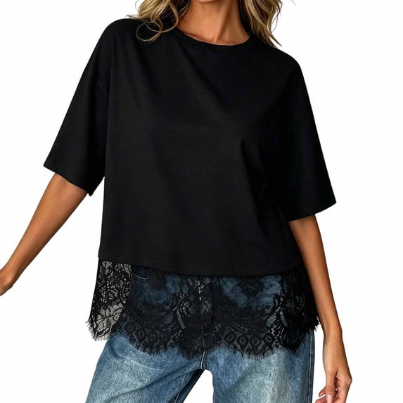 RMGVDSD Womens Summer Tops Lace Trim Round Neck Loose Fit Casual Tee Shirts Basic T-Shirts Top Soft Comfortable Breathable Blouses Versatile Tee Blouse