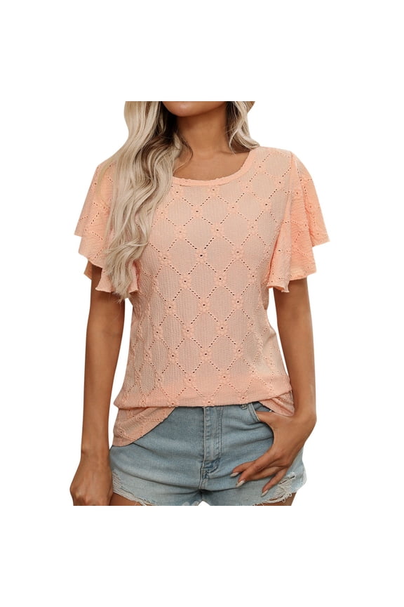 Womens Summer Tops Women's T-Shirt T Shirt With Floral Cutout And Ruffle Sleeves Casual Wear Loose Casual Tee Tops