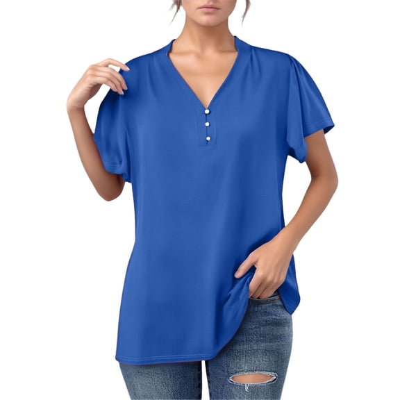 RMGVDSD Womens Summer Tops Womens Tops V Neck Soft T-Shirts Tunic Blouses Short Sleeve V Neck Button Up Solid Color Casual T Shirt Loose Fit Basic Tees