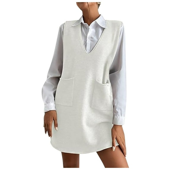 RMGVDSD Womens Sweater Vest Dress Knitted Pullovers Sweaters V Neck Tank Sweater Dress With Pockets Sleeveless Vests Solid Color Sweater Fall Fashion Clothes /White