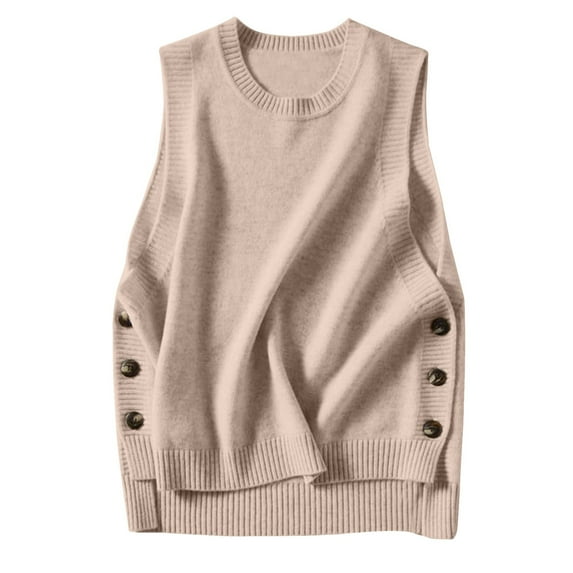RMGVDSD Womens Sweater Vest Loose Sleeveless Crewneck Ribbed Knit Side Button Pullover Tops Solid Color Women's Sweater Vest Knit Fashion Pullover Tops /Khaki