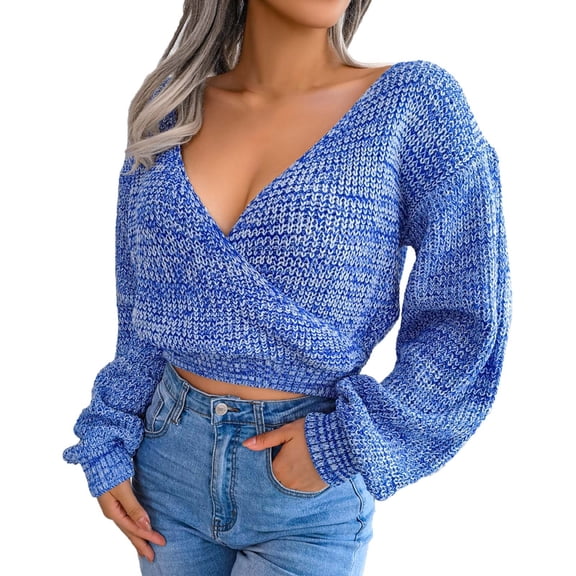 RMGVDSD Womens Sweaters Fall Winter Long Sleeve V Neck Cropped Sweater Colorful Knitted Pullover Solid Color Casual Lightweight Sweater Tops /Blue