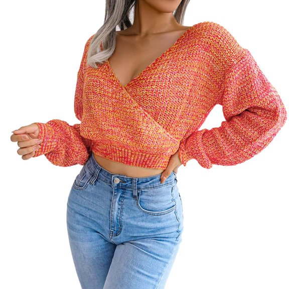 RMGVDSD Womens Sweaters Fall Winter Long Sleeve V Neck Cropped Sweater Colorful Knitted Pullover Solid Color Trendy Casual Knitted Tops /Red