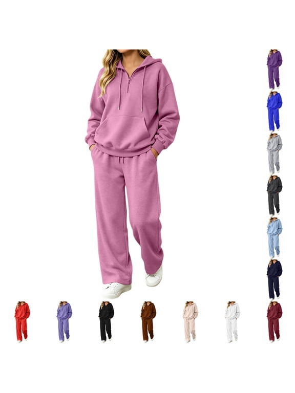 Womens Sweatsuits 2 Piece Sets Half Zip Hoodies & Loose Straight Leg Sweatpants Casual Sweat Set Tracksuit Outfits Fashion Fall Clothes,S