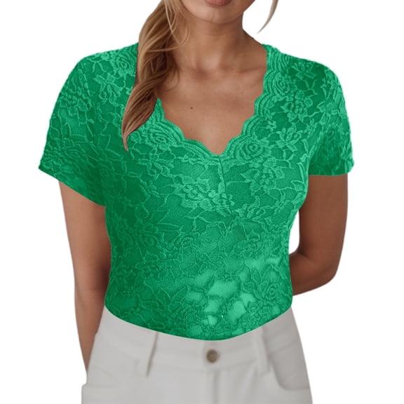 RMGVDSD Womens T Shirt Tops Women's Short Sleeve Lace V Neck Shirts Solid Color Slim Fit Basic Tops Stylish Summer Blouses Fashion Casual Blouses