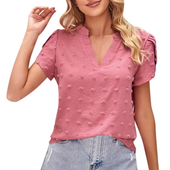 RMGVDSD Womens T Shirt Tops Women's V Neck T Shirt With Chiffon Pompom Casual Summer Top Fashion Loose Blouse