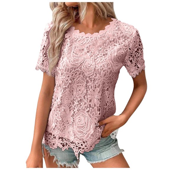 RMGVDSD Womens T Shirts Top Women's Lace Top Crochet Crew Neck Short Sleeve Fashion Summer Loose Tee Casual T Shirt Comfy Basic T Shirt