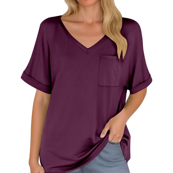 RMGVDSD Womens T Shirts Women's V Neck Pocket Tee With Rolled Hem Short Sleeve Loose Top Trendy Going Out Tops
