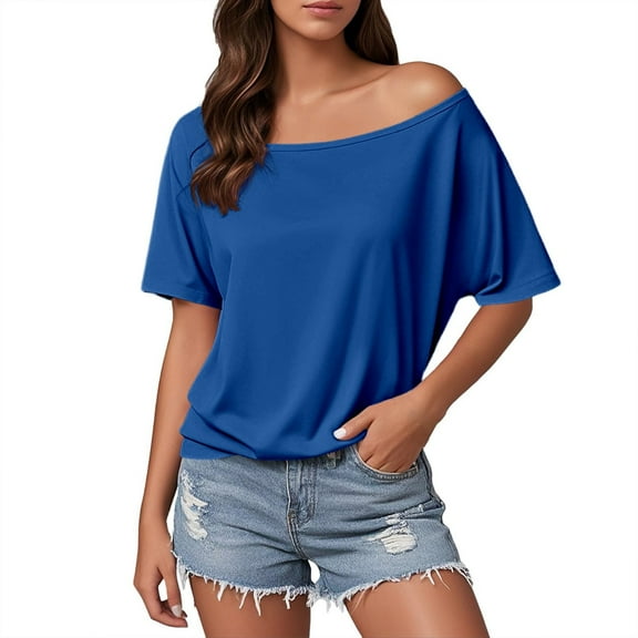 RMGVDSD Womens Tee Shirts Trendy Women's Off Shoulder T Shirt Casual Solid Top Everyday Wear Comfortable Spring Summer Loose Casual Tshirts