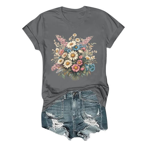 RMGVDSD Womens Tee Shirts Women's Summer Fashion Comfortable Floral Print Short Sleeve T Shirt Top Comfortable Basic Tees